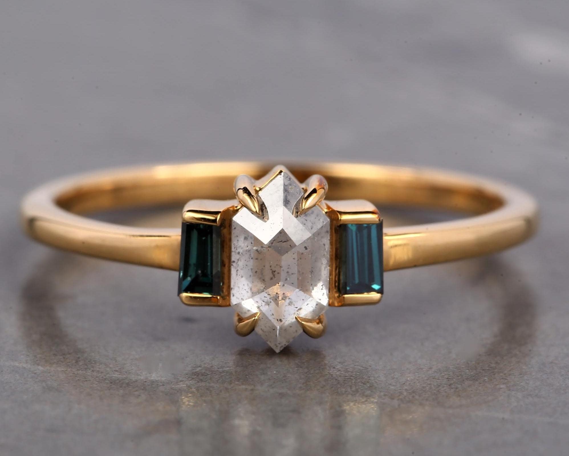 14K Rose Gold Grey Hexagon Cut Salt and Pepper Natural Diamond Promise Ring