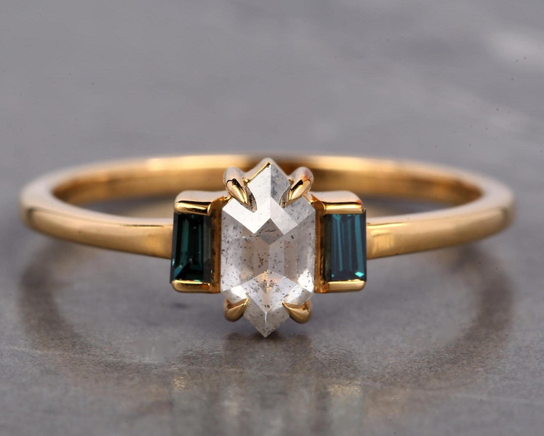 14K Rose Gold Grey Hexagon Cut Salt and Pepper Natural Diamond Promise Ring