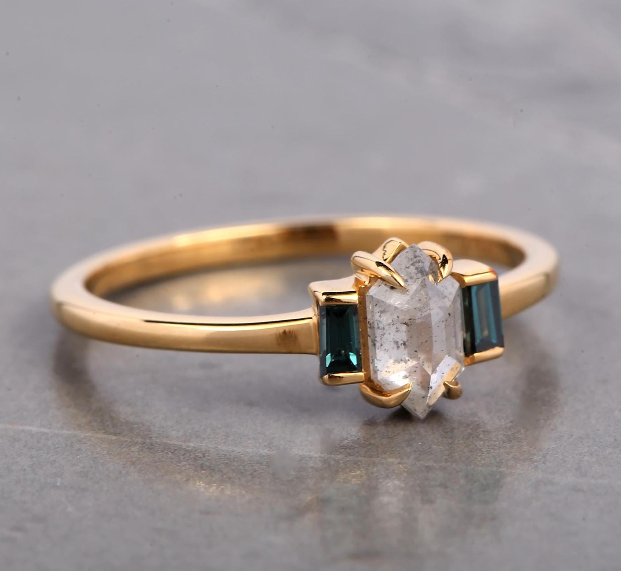 14K Rose Gold Grey Hexagon Cut Salt and Pepper Natural Diamond Promise Ring