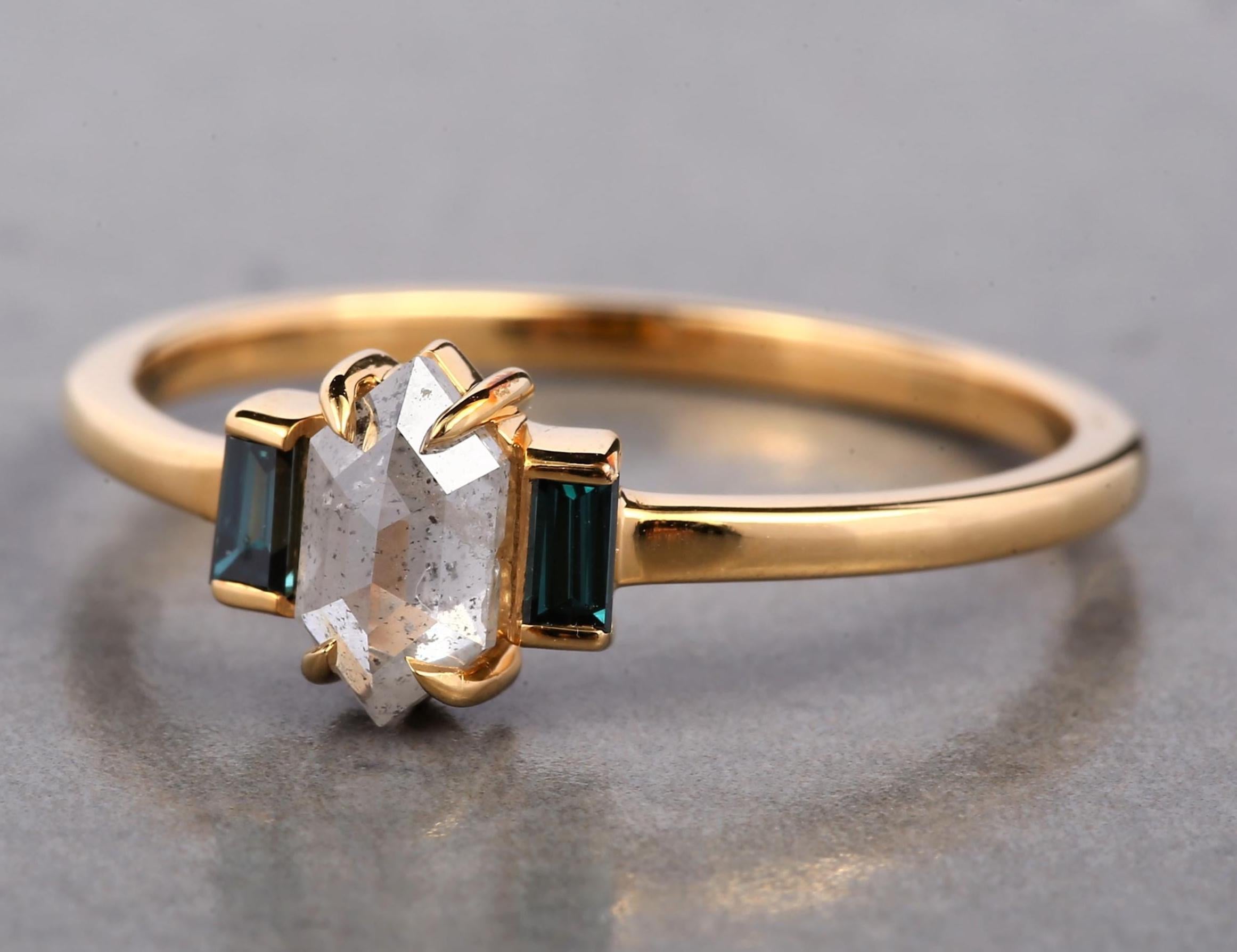 14K Rose Gold Grey Hexagon Cut Salt and Pepper Natural Diamond Promise Ring