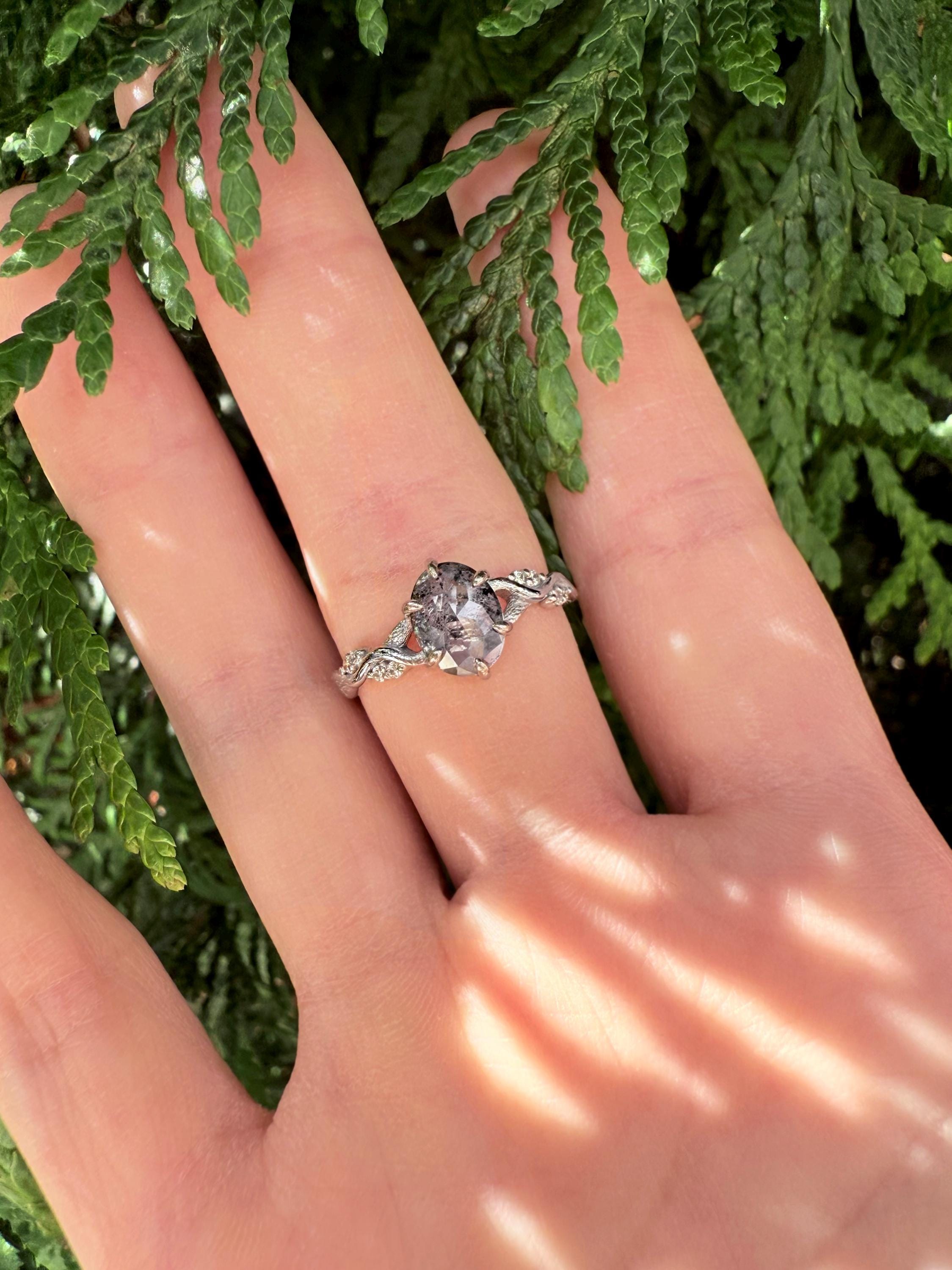 14K Rose Gold Oval Cut Grey Salt and Pepper Diamond Ring