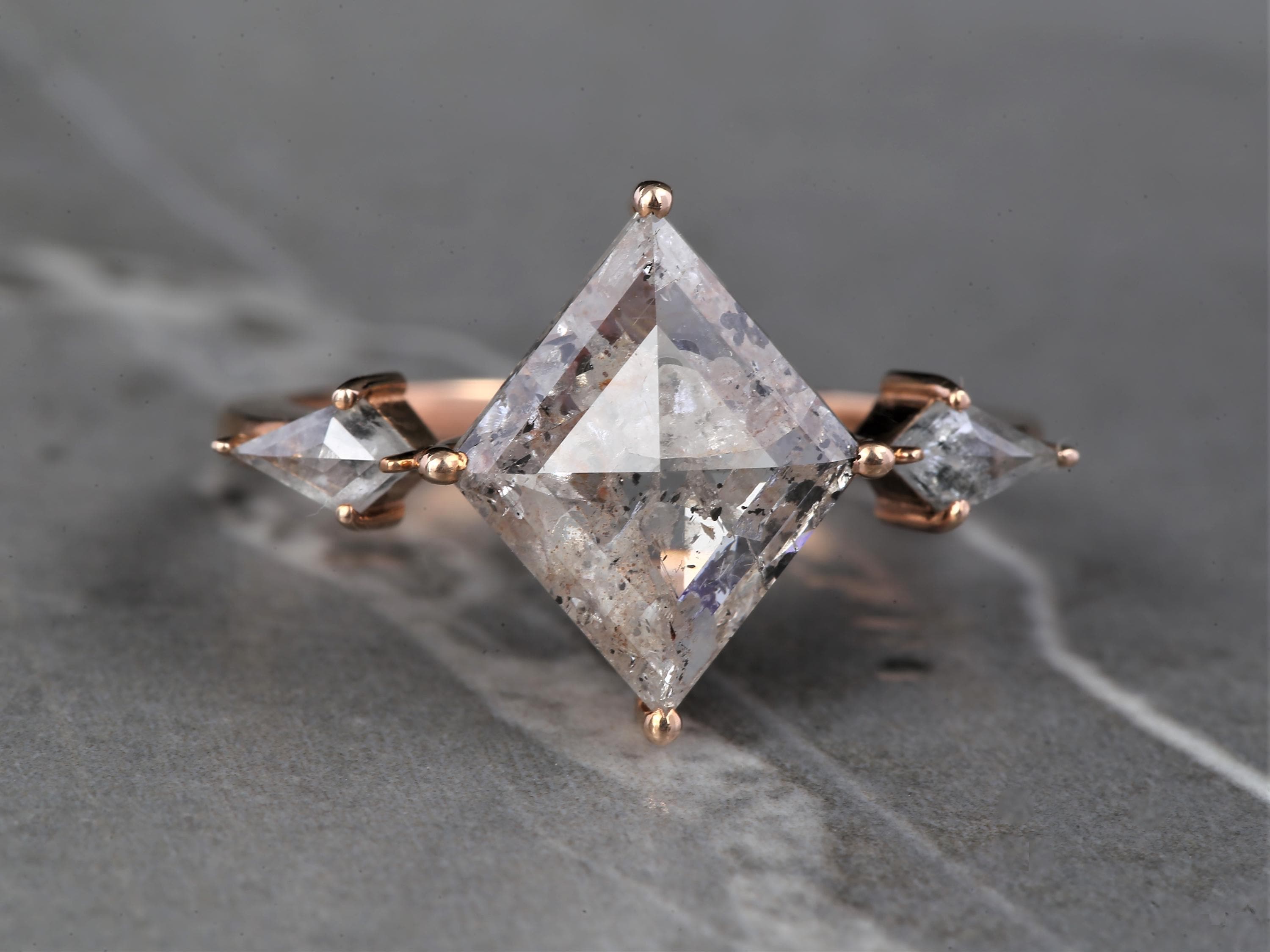 14K White Gold Grey Kite Cut Salt and Pepper Natural Diamond Vintage Engagement Ring