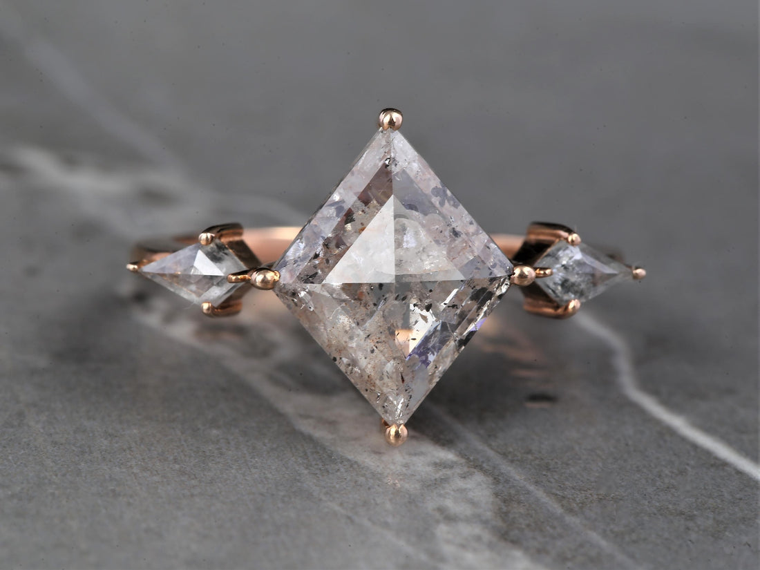 14K White Gold Grey Kite Cut Salt and Pepper Natural Diamond Vintage Engagement Ring
