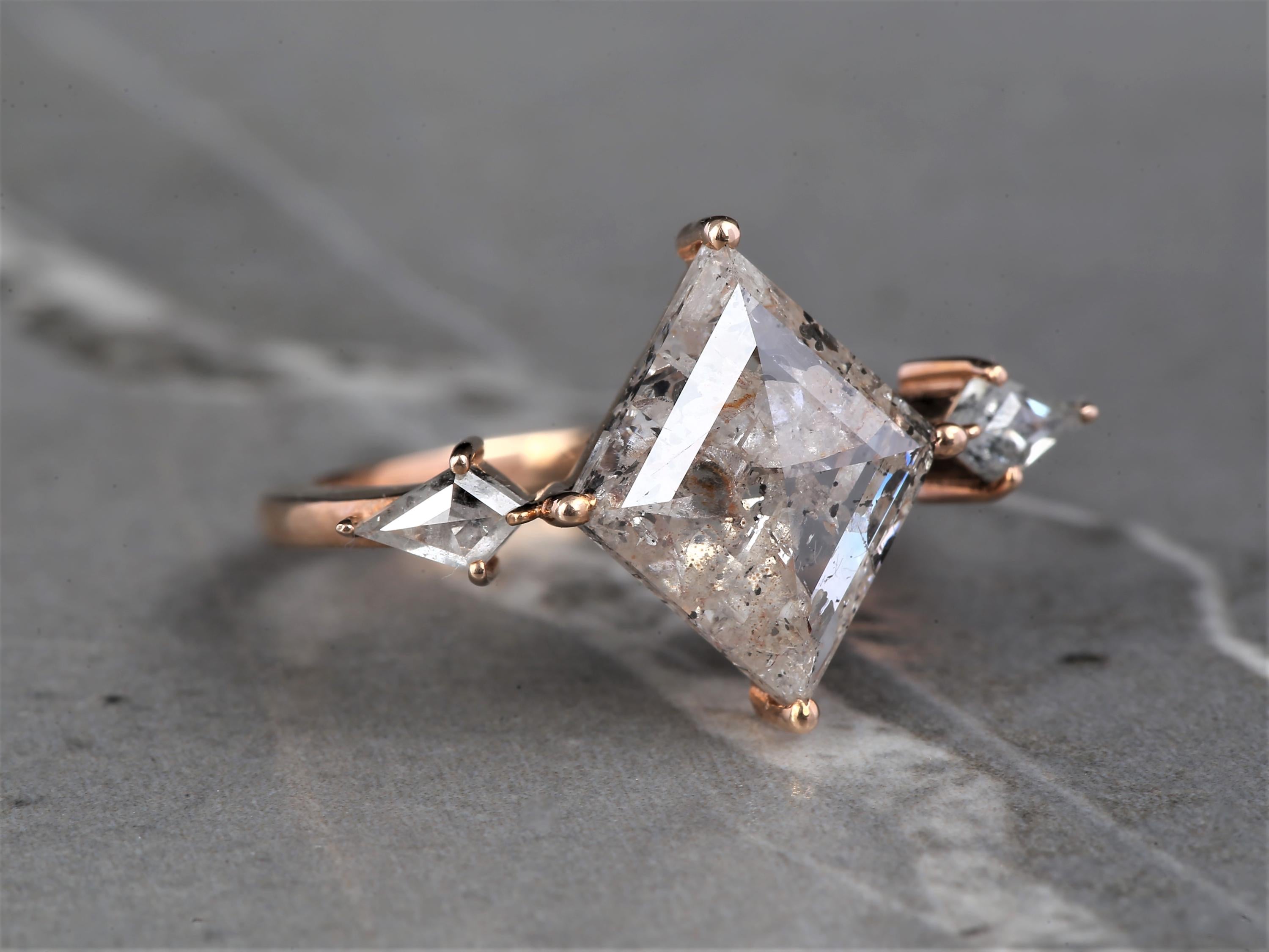 14K White Gold Grey Kite Cut Salt and Pepper Natural Diamond Vintage Engagement Ring