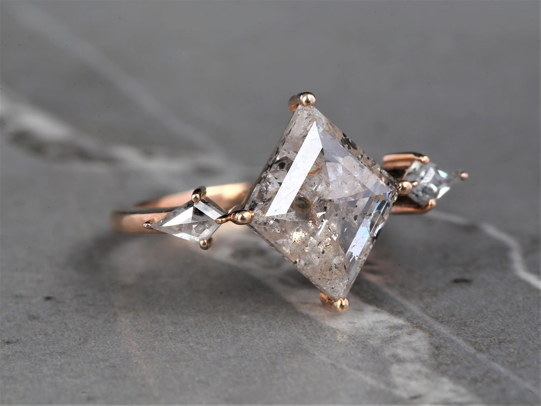 14K White Gold Grey Kite Cut Salt and Pepper Natural Diamond Vintage Engagement Ring