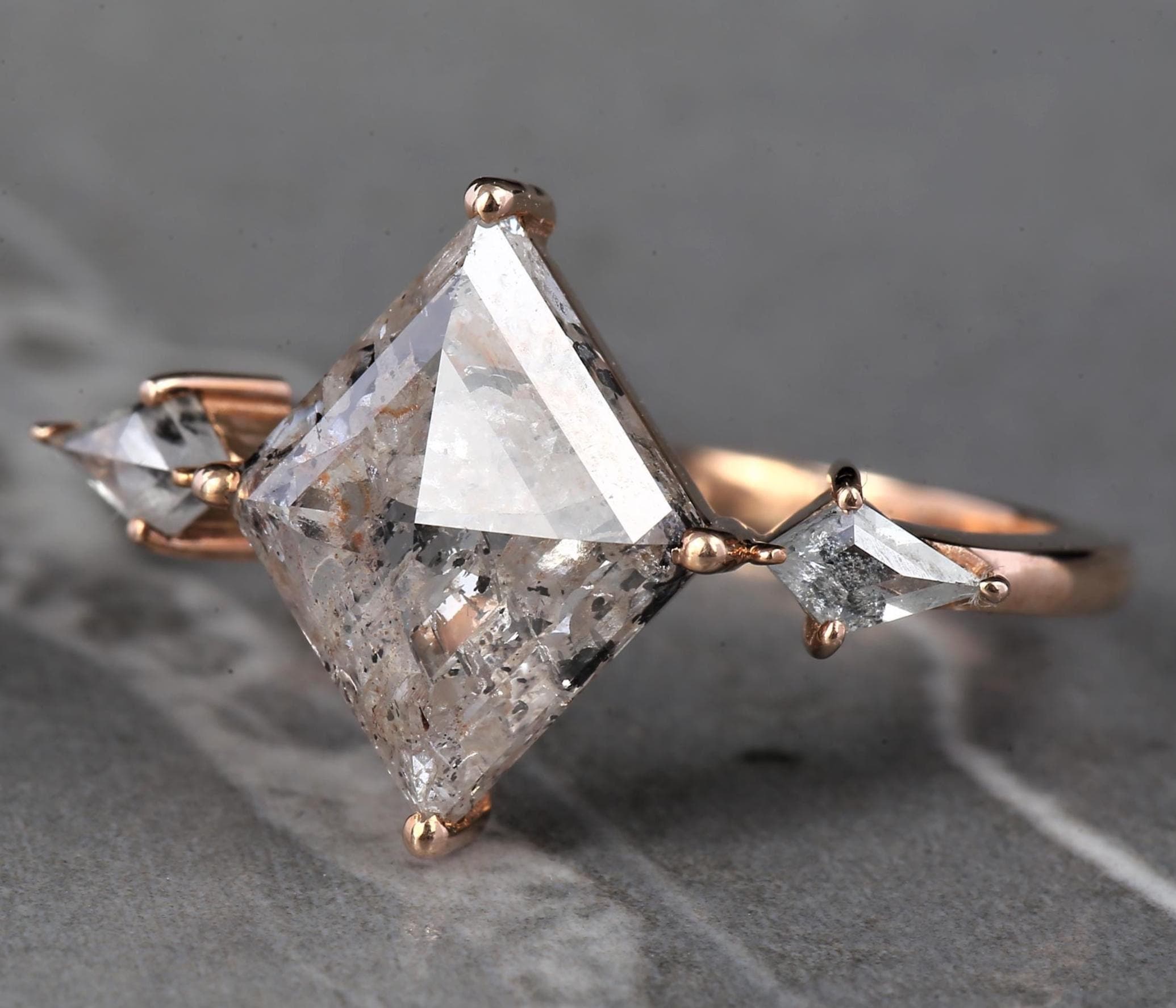 14K White Gold Grey Kite Cut Salt and Pepper Natural Diamond Vintage Engagement Ring