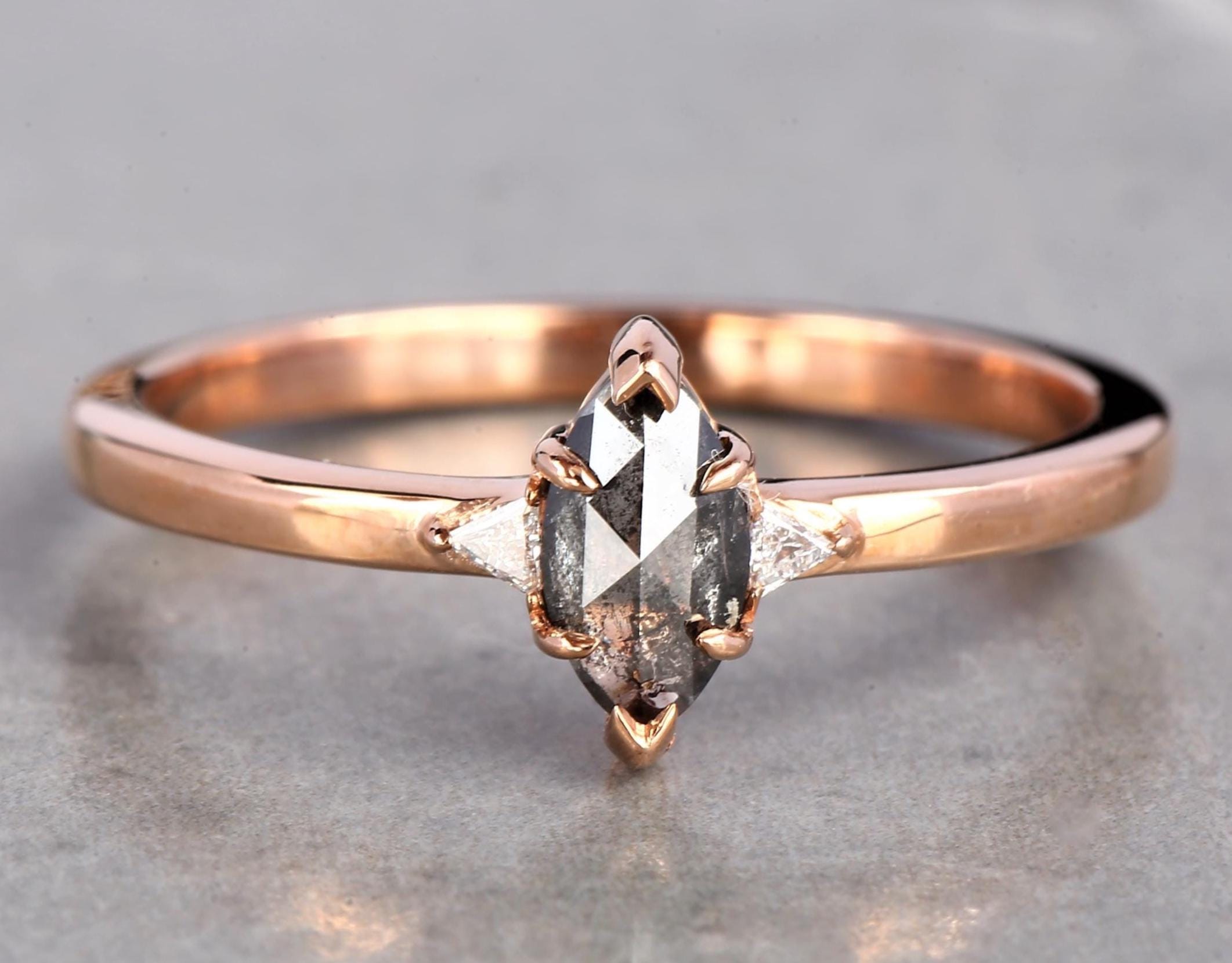14K Yellow Gold Grey Marquise Cut Salt and Pepper Natural Diamond Wedding Ring