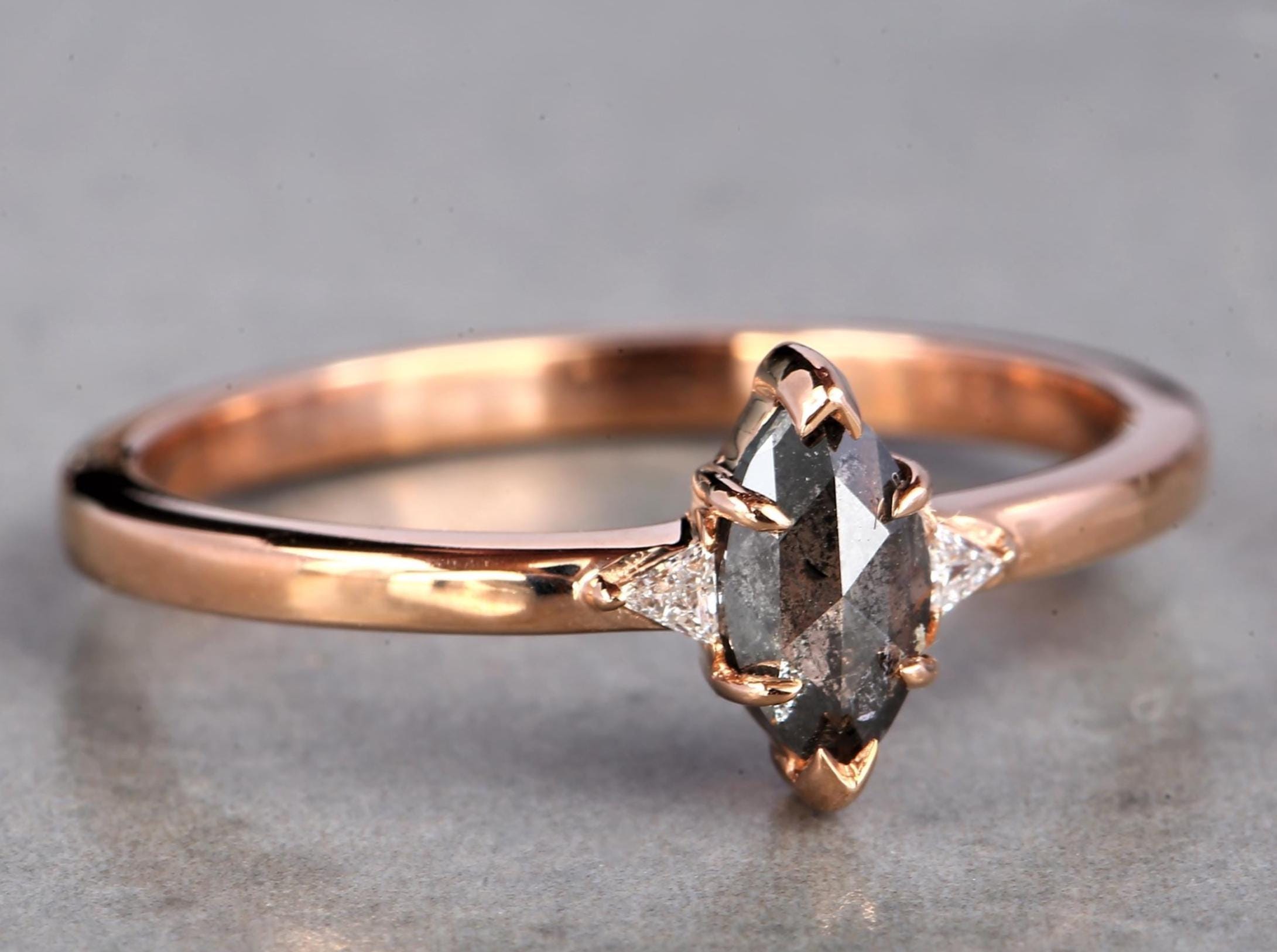 14K Yellow Gold Grey Marquise Cut Salt and Pepper Natural Diamond Wedding Ring