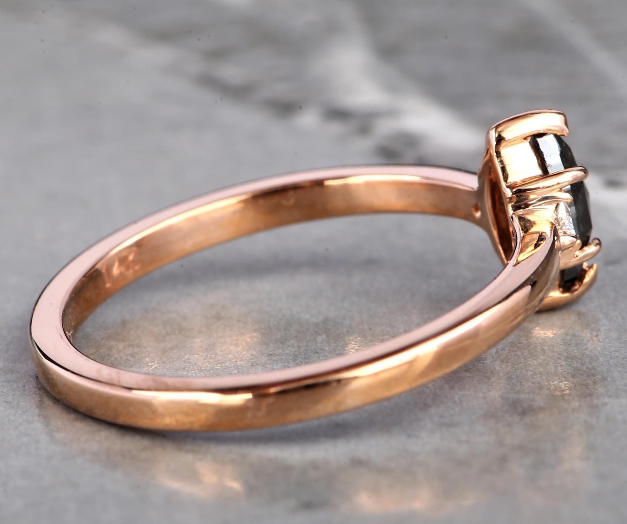 14K Yellow Gold Grey Marquise Cut Salt and Pepper Natural Diamond Wedding Ring