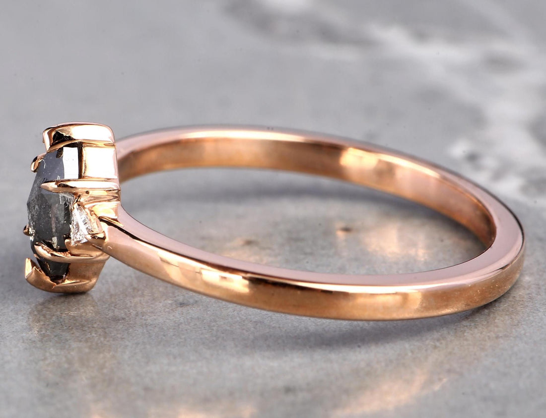 14K Yellow Gold Grey Marquise Cut Salt and Pepper Natural Diamond Wedding Ring