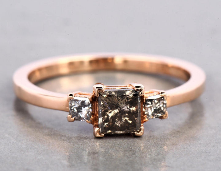 14K Rose Gold Grey Salt & Pepper Natural Princess Cut Diamond For Promise Ring