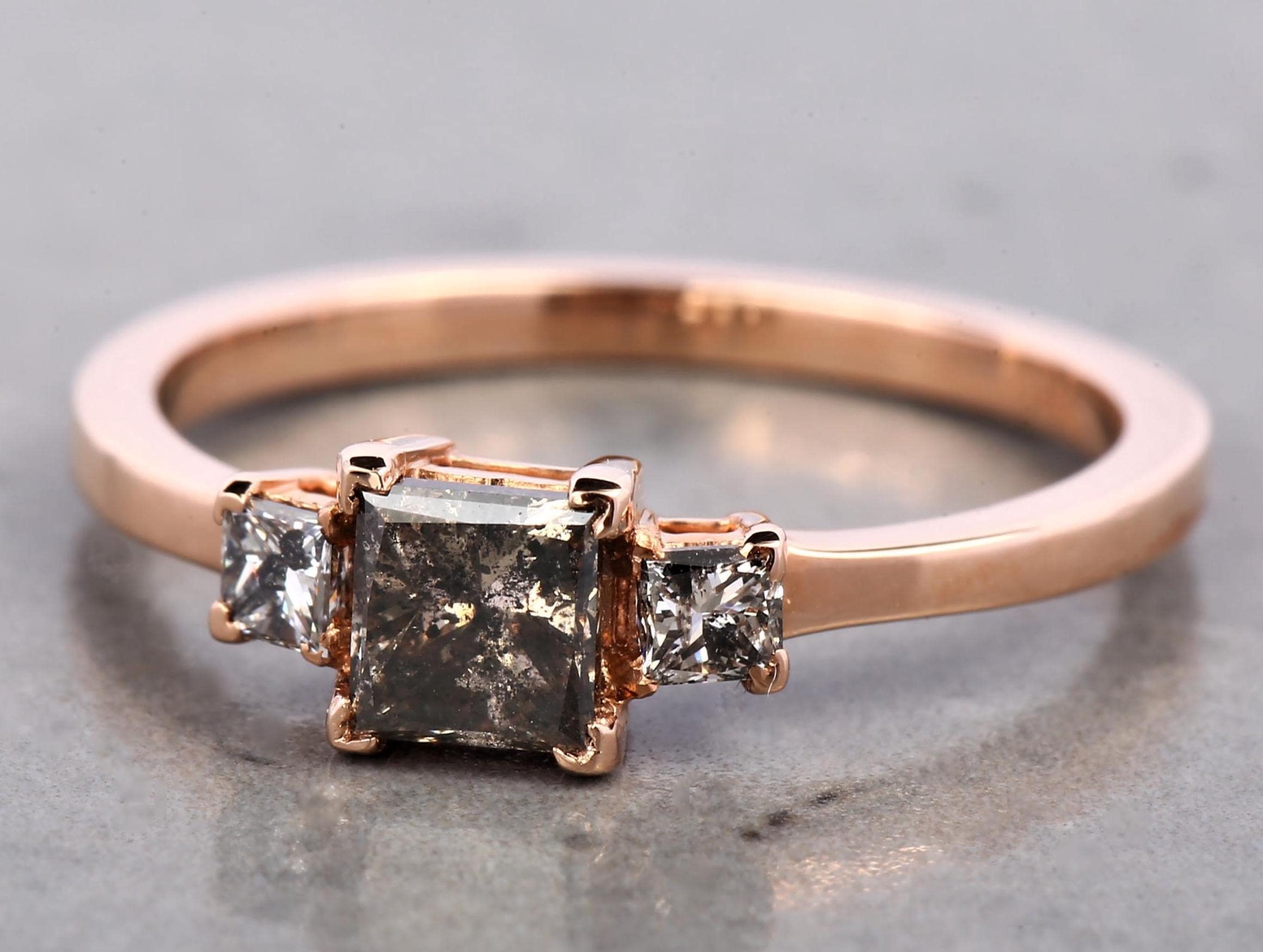 14K Rose Gold Grey Salt & Pepper Natural Princess Cut Diamond For Promise Ring