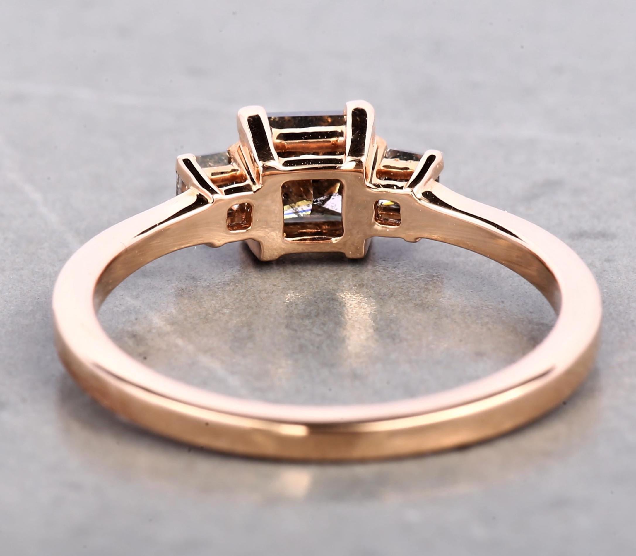 14K Rose Gold Grey Salt & Pepper Natural Princess Cut Diamond For Promise Ring