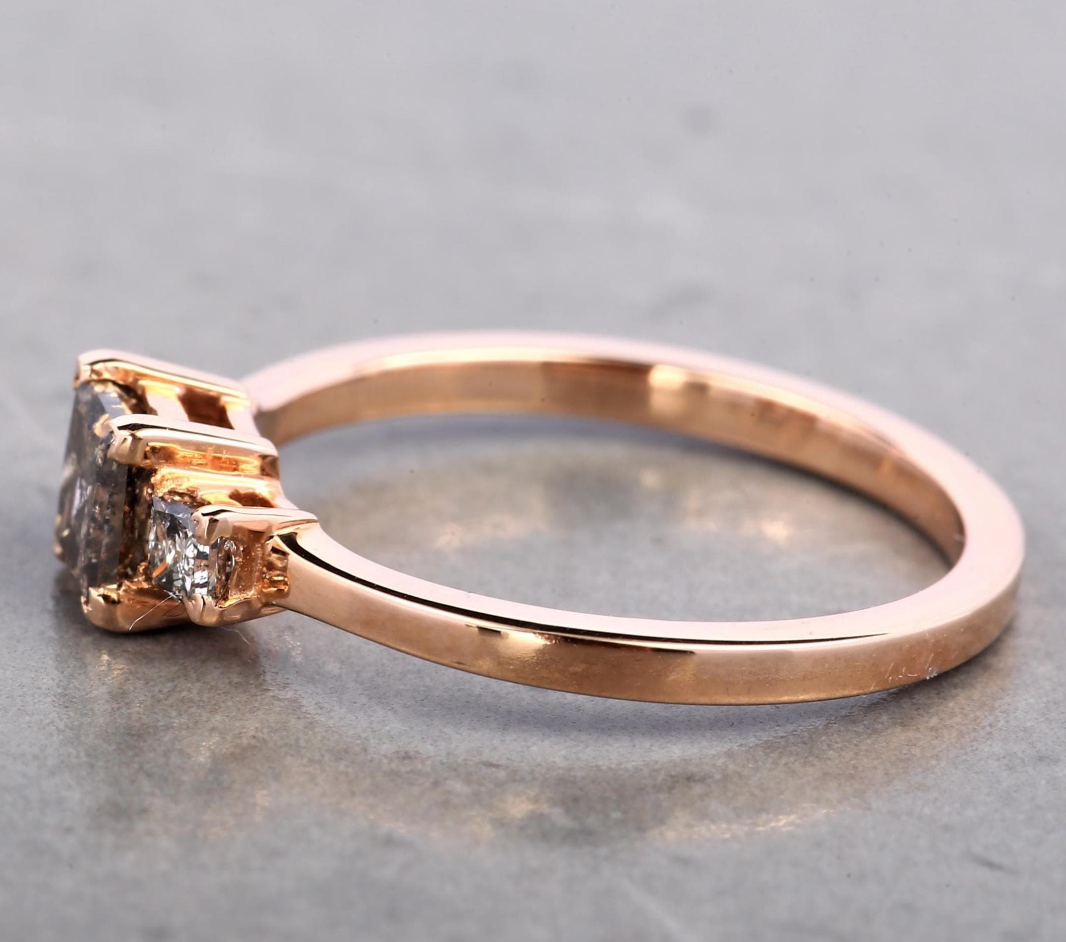 14K Rose Gold Grey Salt & Pepper Natural Princess Cut Diamond For Promise Ring