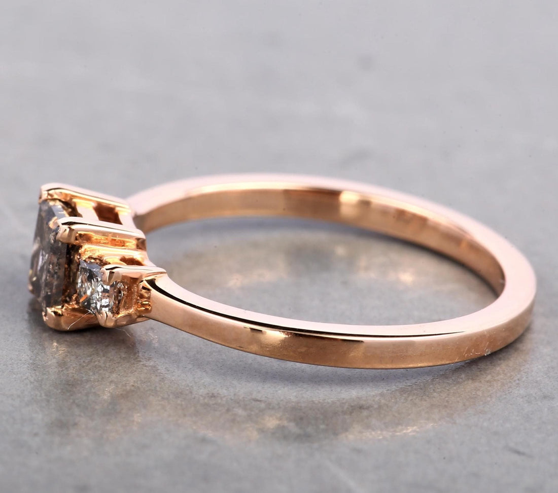 14K Rose Gold Grey Salt & Pepper Natural Princess Cut Diamond For Promise Ring
