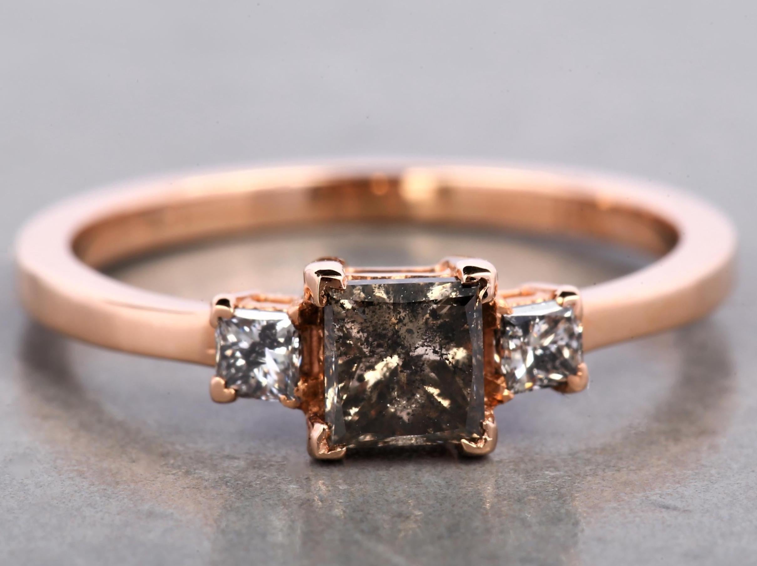 14K Rose Gold Grey Salt & Pepper Natural Princess Cut Diamond For Promise Ring