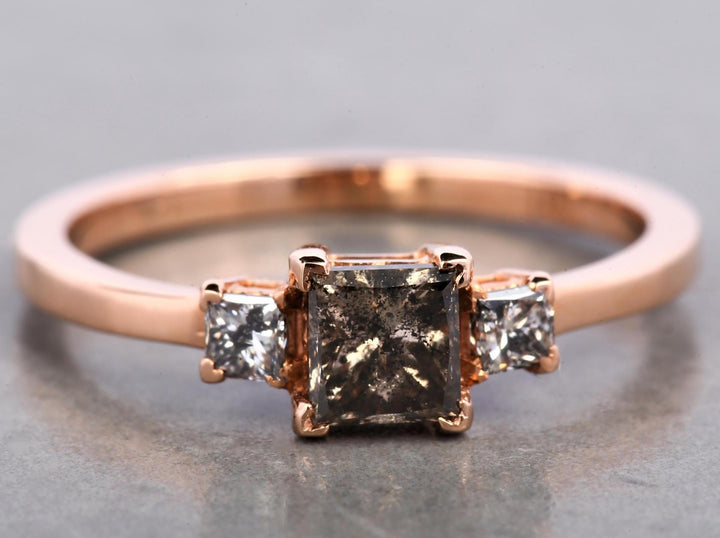 14K Rose Gold Grey Salt & Pepper Natural Princess Cut Diamond For Promise Ring