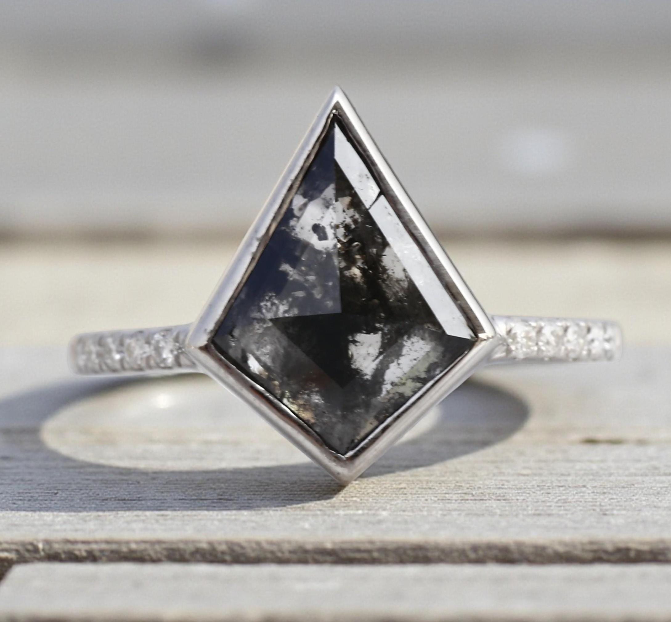 14K White Gold Grey Salt and Pepper Kite Cut Natural Diamond Engagement Ring