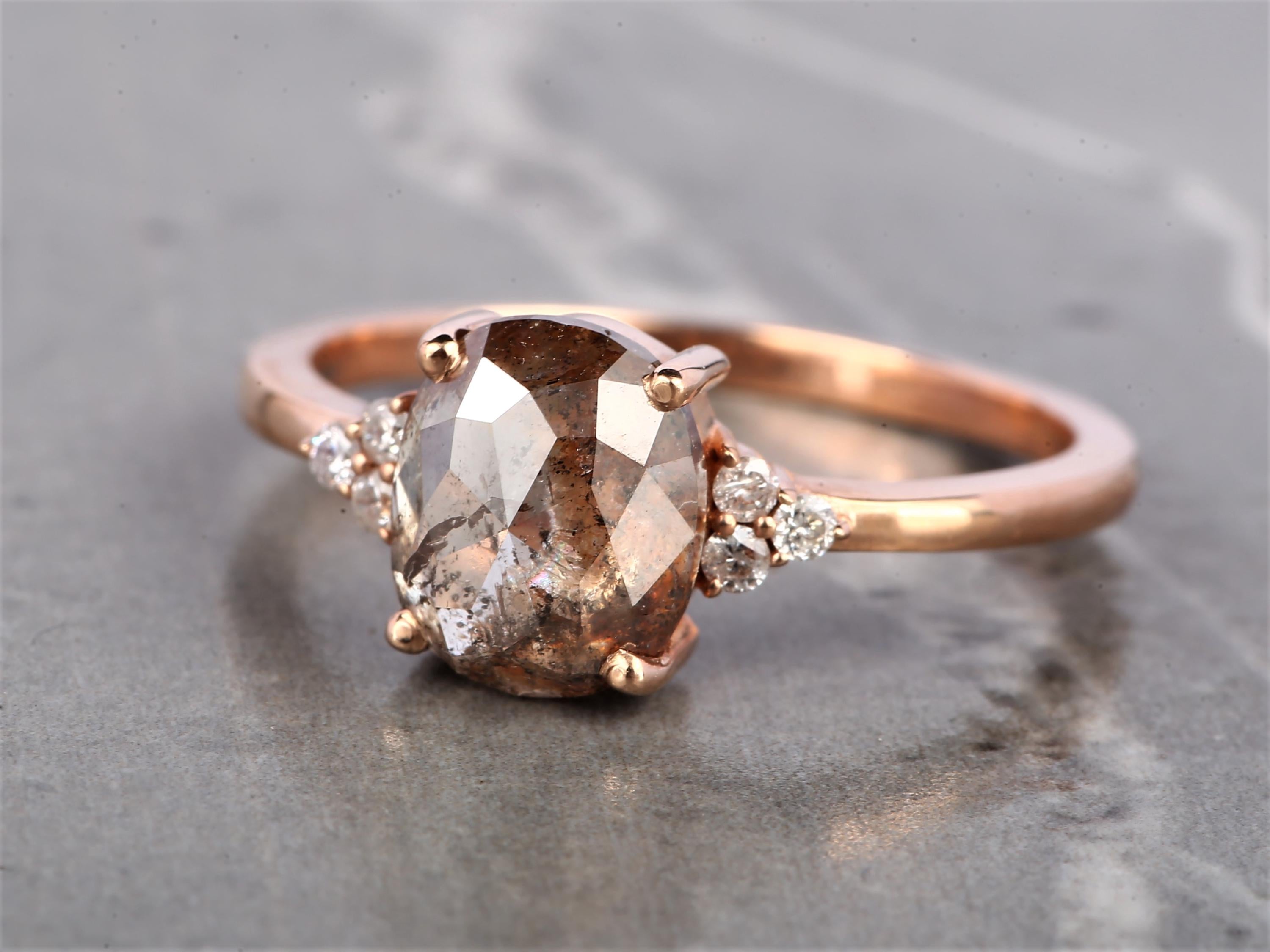 14K Rose Gold Cushion Cut Orange Grey Salt and Pepper Natural Diamond Statement Ring