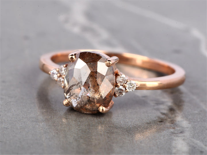 14K Rose Gold Cushion Cut Orange Grey Salt and Pepper Natural Diamond Statement Ring