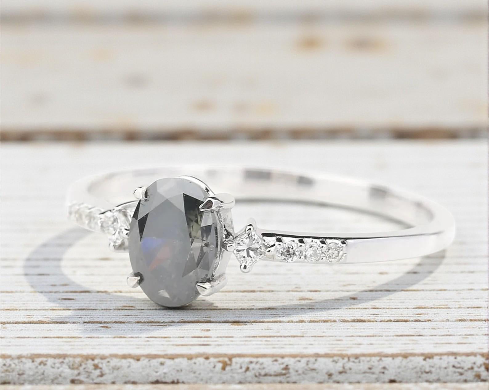 14K White Gold Grey Oval Cut Salt and Pepper Natural Diamond Promise Ring