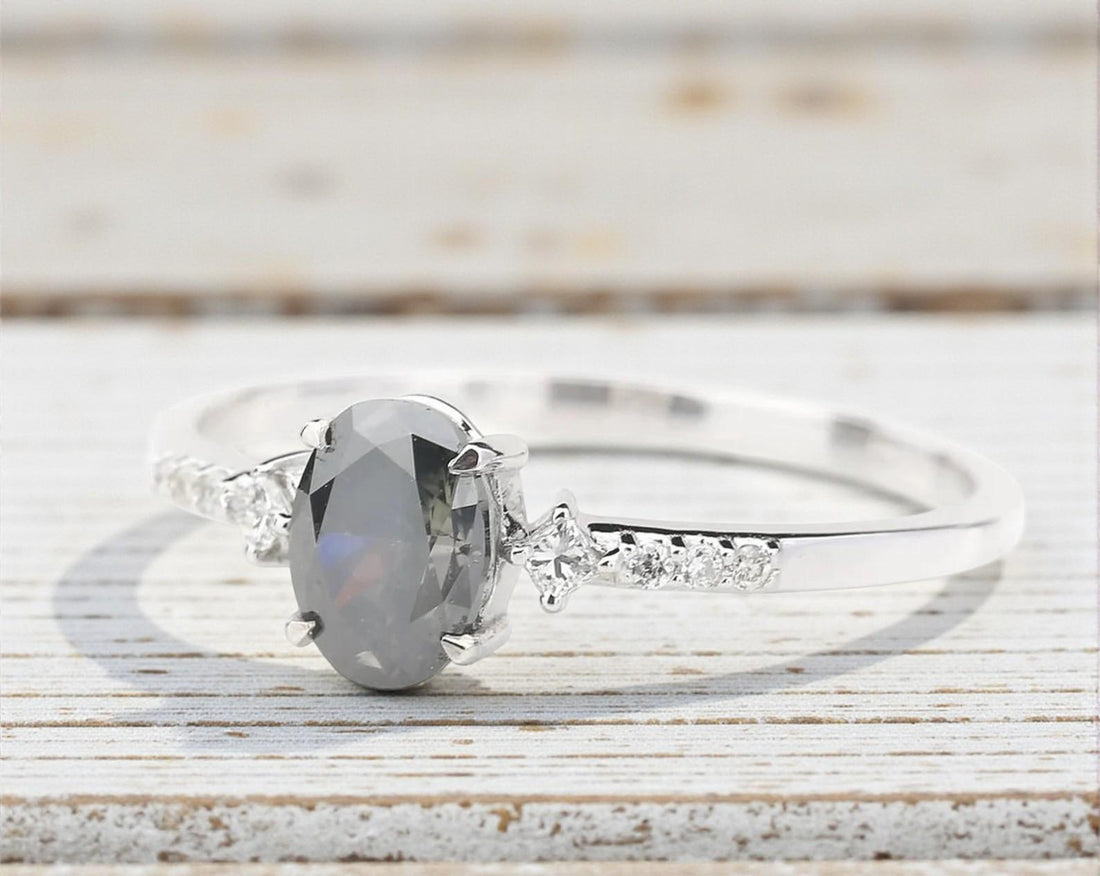14K White Gold Grey Oval Cut Salt and Pepper Natural Diamond Promise Ring