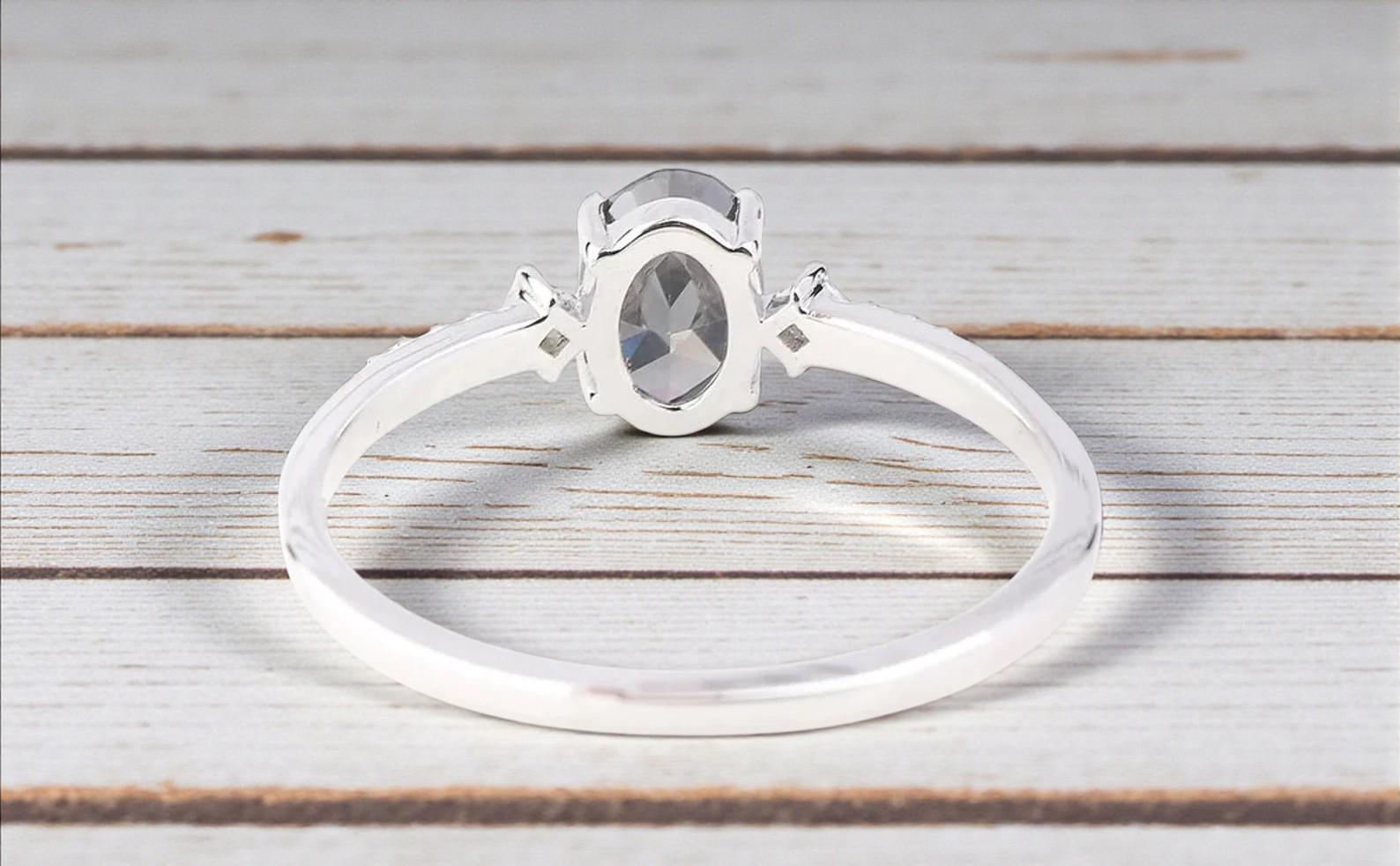 14K White Gold Grey Oval Cut Salt and Pepper Natural Diamond Promise Ring