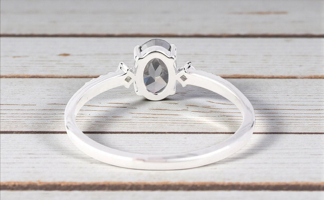 14K White Gold Grey Oval Cut Salt and Pepper Natural Diamond Promise Ring
