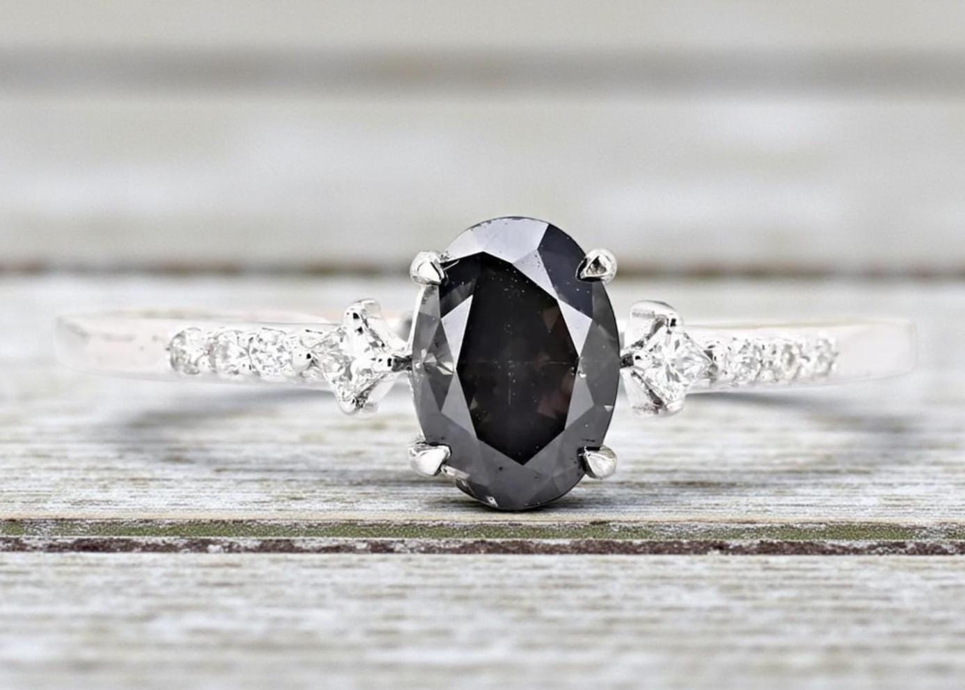 14K White Gold Grey Oval Cut Salt and Pepper Natural Diamond Promise Ring
