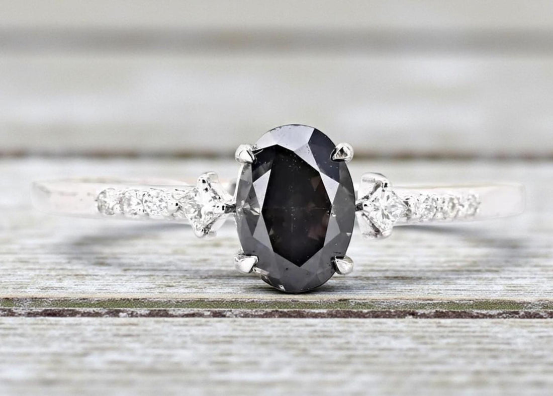 14K White Gold Grey Oval Cut Salt and Pepper Natural Diamond Promise Ring