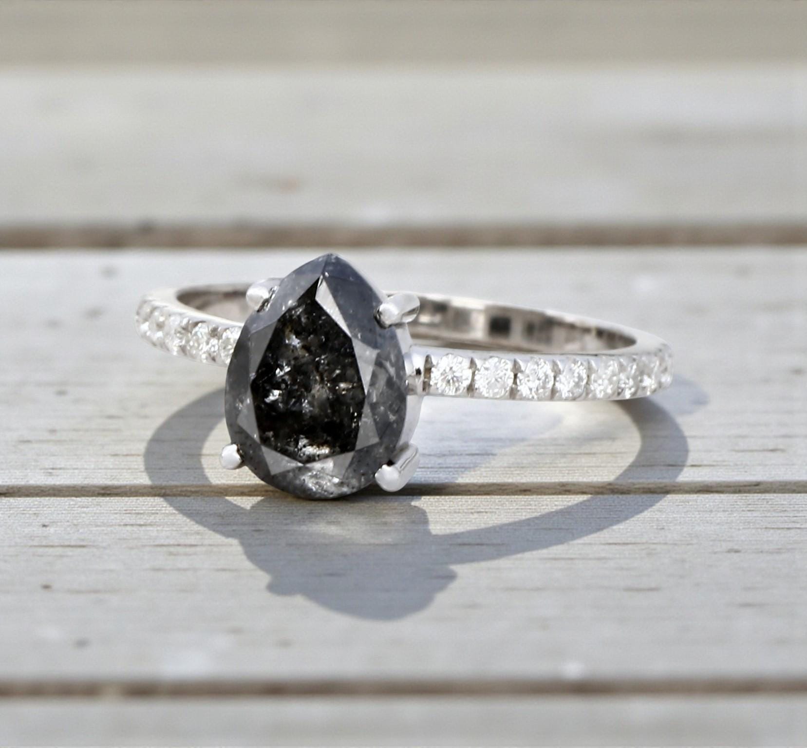 14K Rose Gold Pear Cut Grey Salt and Pepper Natural Diamond Promise Ring