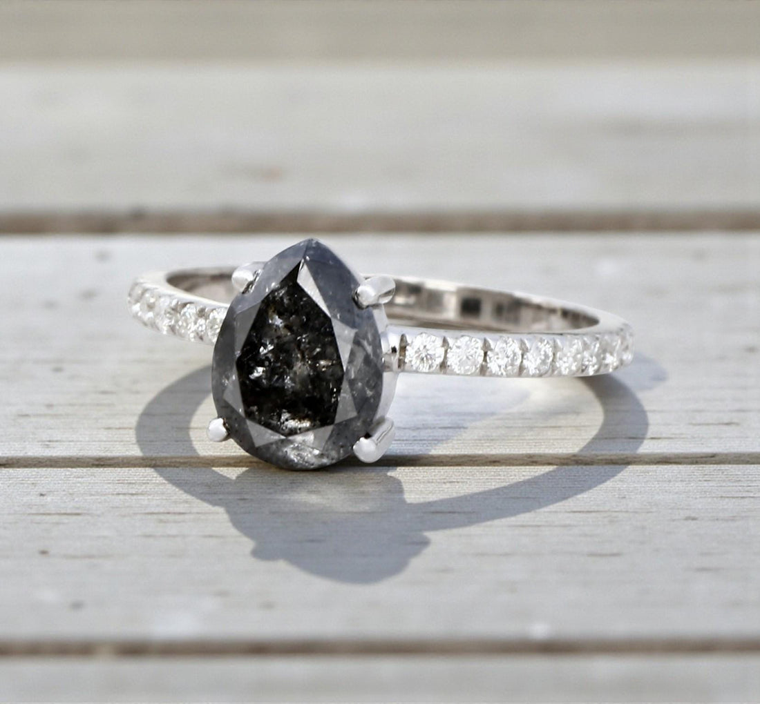14K Rose Gold Pear Cut Grey Salt and Pepper Natural Diamond Promise Ring