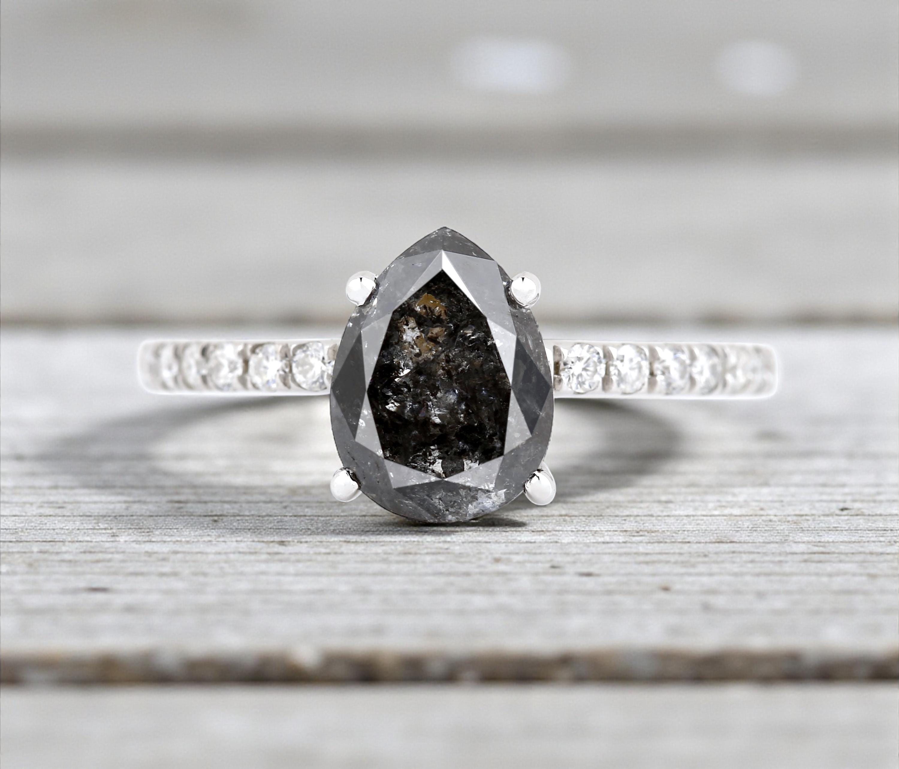 14K Rose Gold Pear Cut Grey Salt and Pepper Natural Diamond Promise Ring