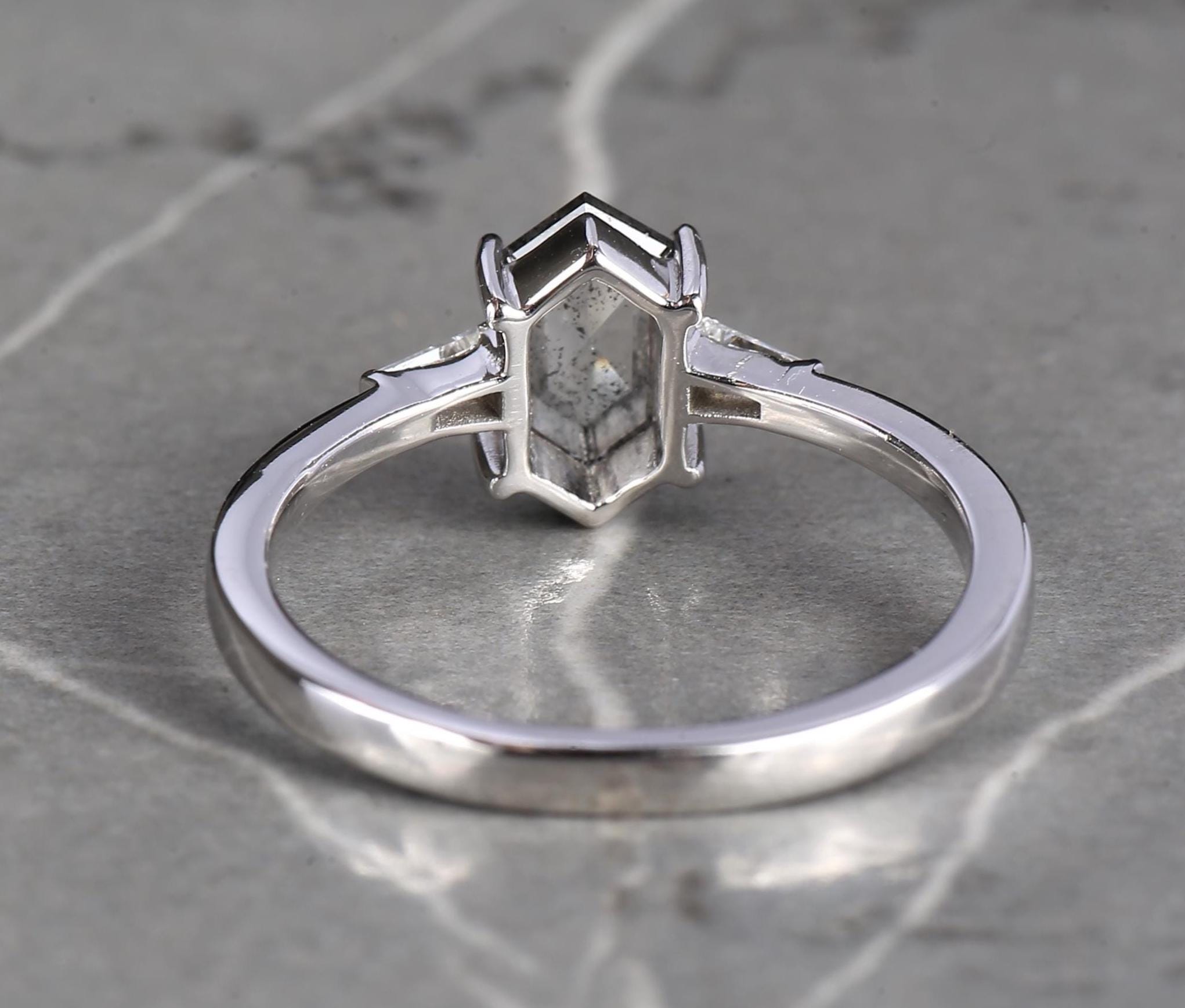 14K White Gold Grey Hexagon Cut Salt and Pepper Natural Diamond Anniversary Ring