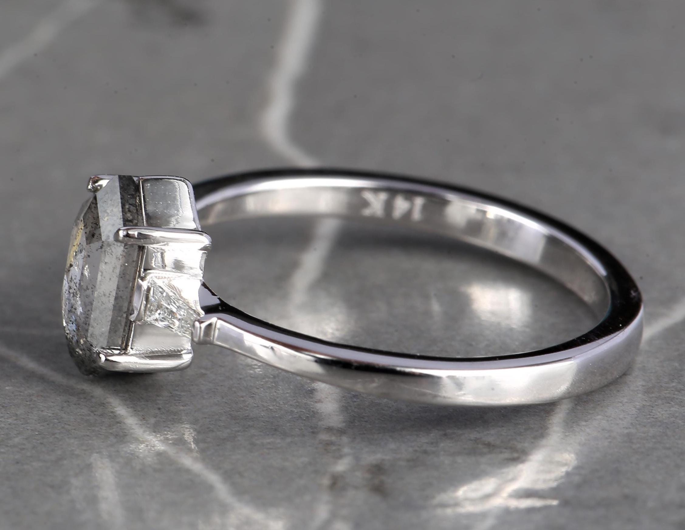 14K White Gold Grey Hexagon Cut Salt and Pepper Natural Diamond Anniversary Ring