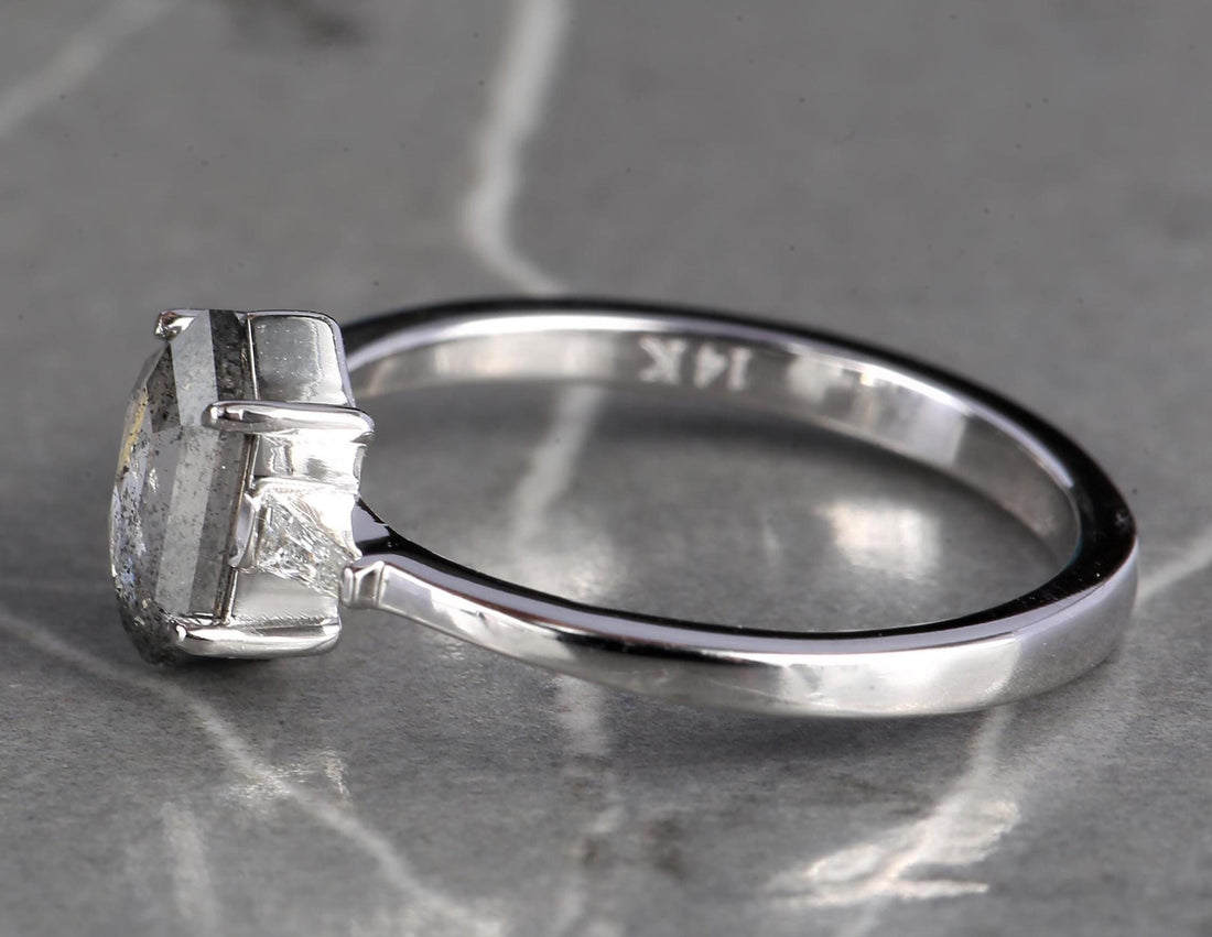 14K White Gold Grey Hexagon Cut Salt and Pepper Natural Diamond Anniversary Ring