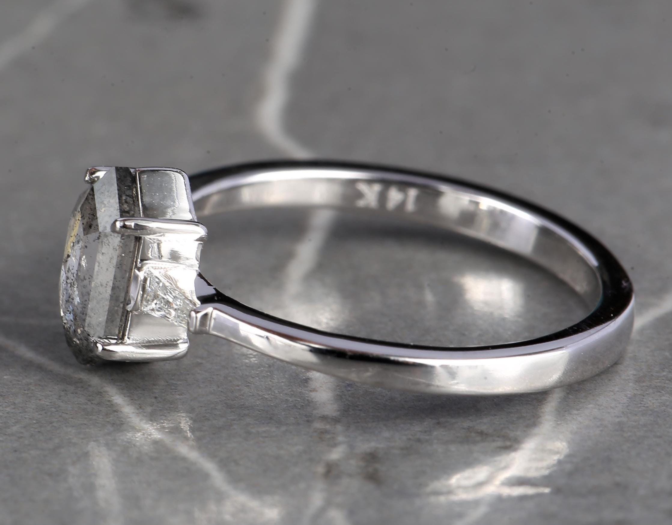 14K White Gold Grey Hexagon Cut Salt and Pepper Natural Diamond Anniversary Ring