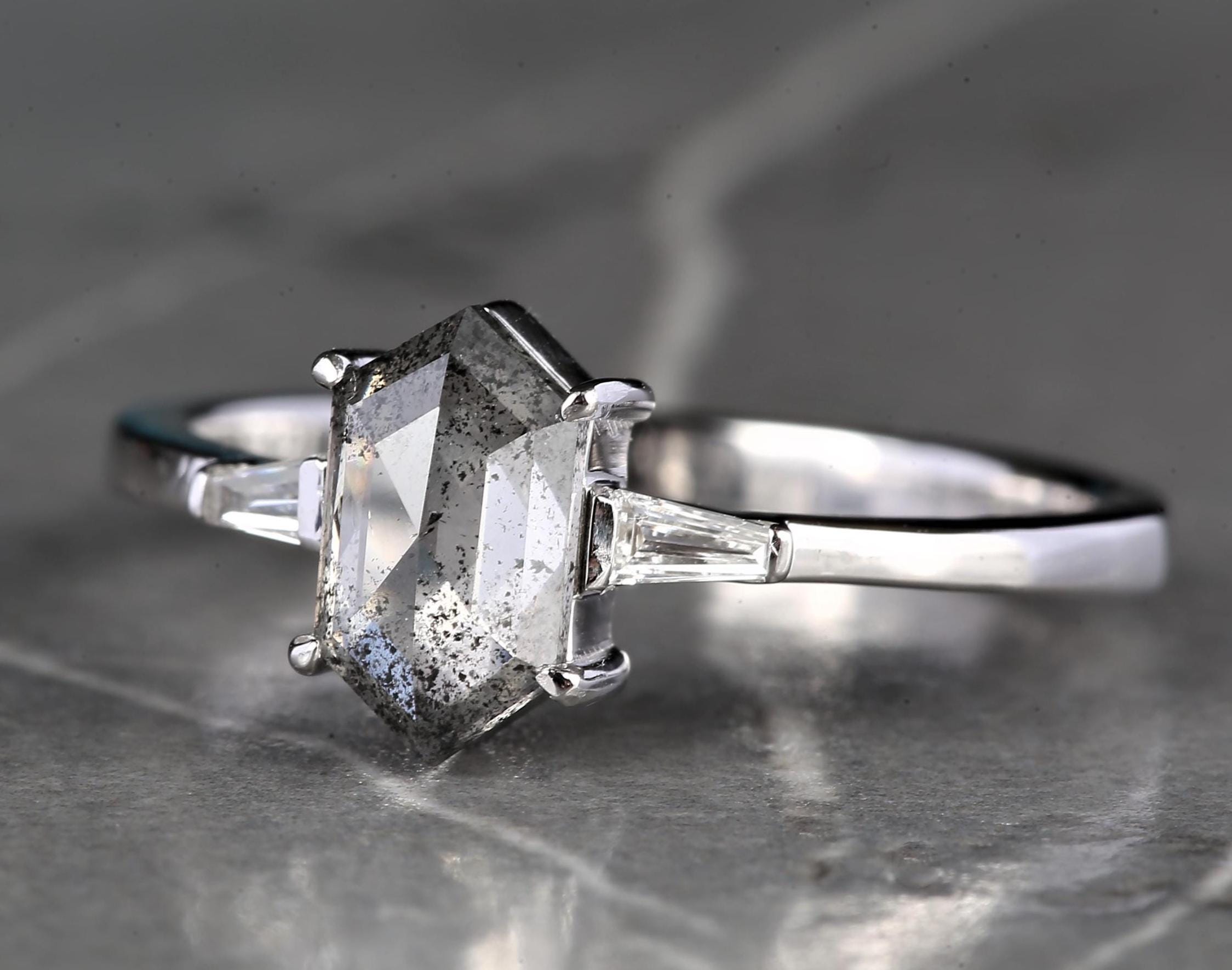 14K White Gold Grey Hexagon Cut Salt and Pepper Natural Diamond Anniversary Ring