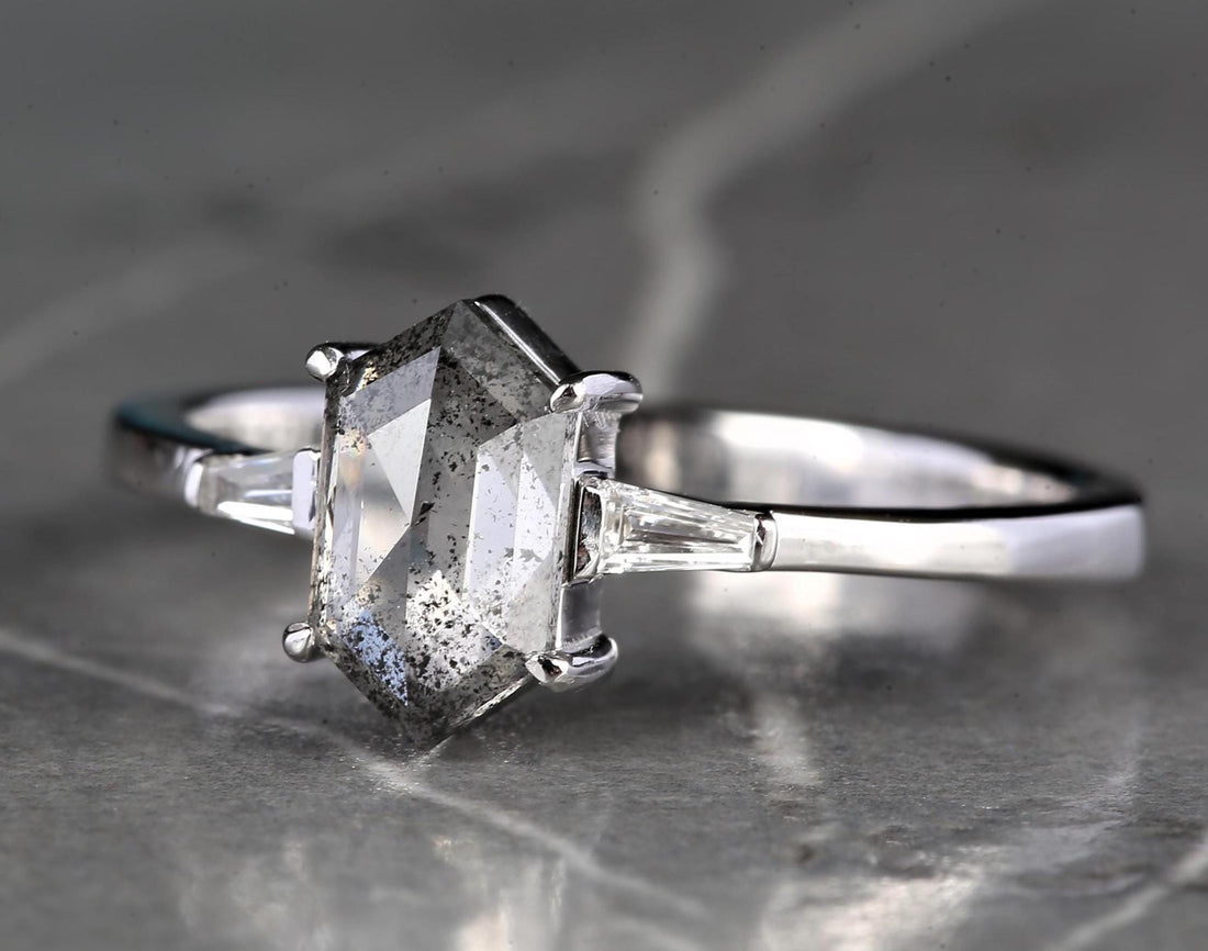 14K White Gold Grey Hexagon Cut Salt and Pepper Natural Diamond Anniversary Ring