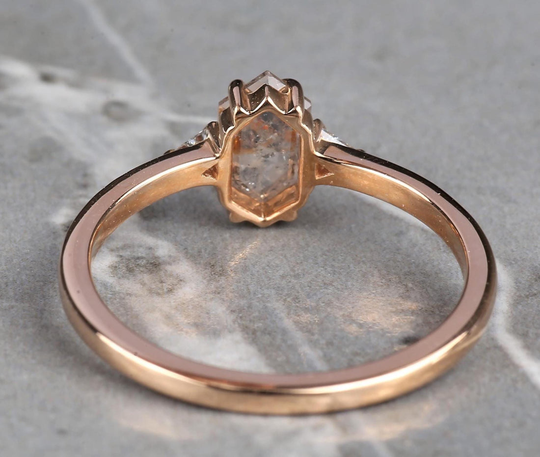 14K Rose Gold Grey Salt and Pepper Natural Hexagon Cut Diamond Wedding Ring
