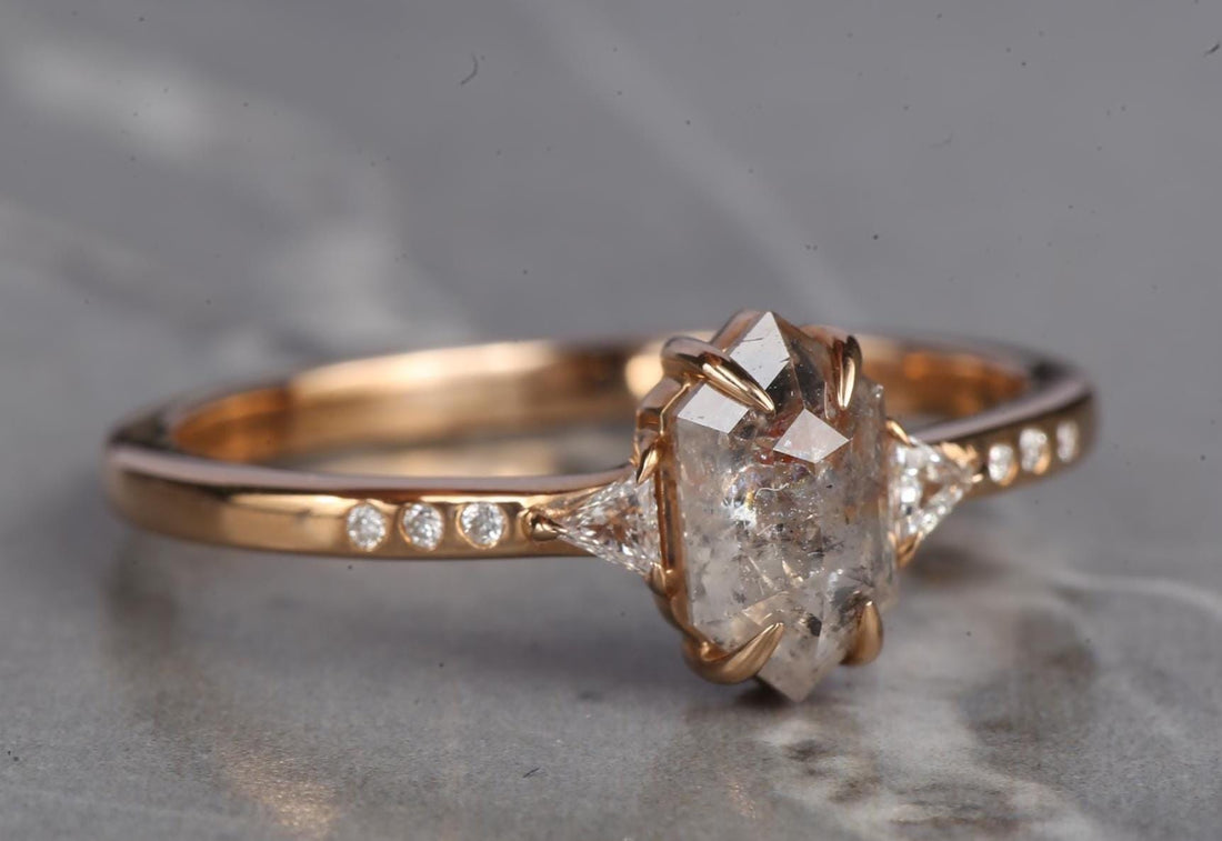 14K Rose Gold Grey Salt and Pepper Natural Hexagon Cut Diamond Wedding Ring