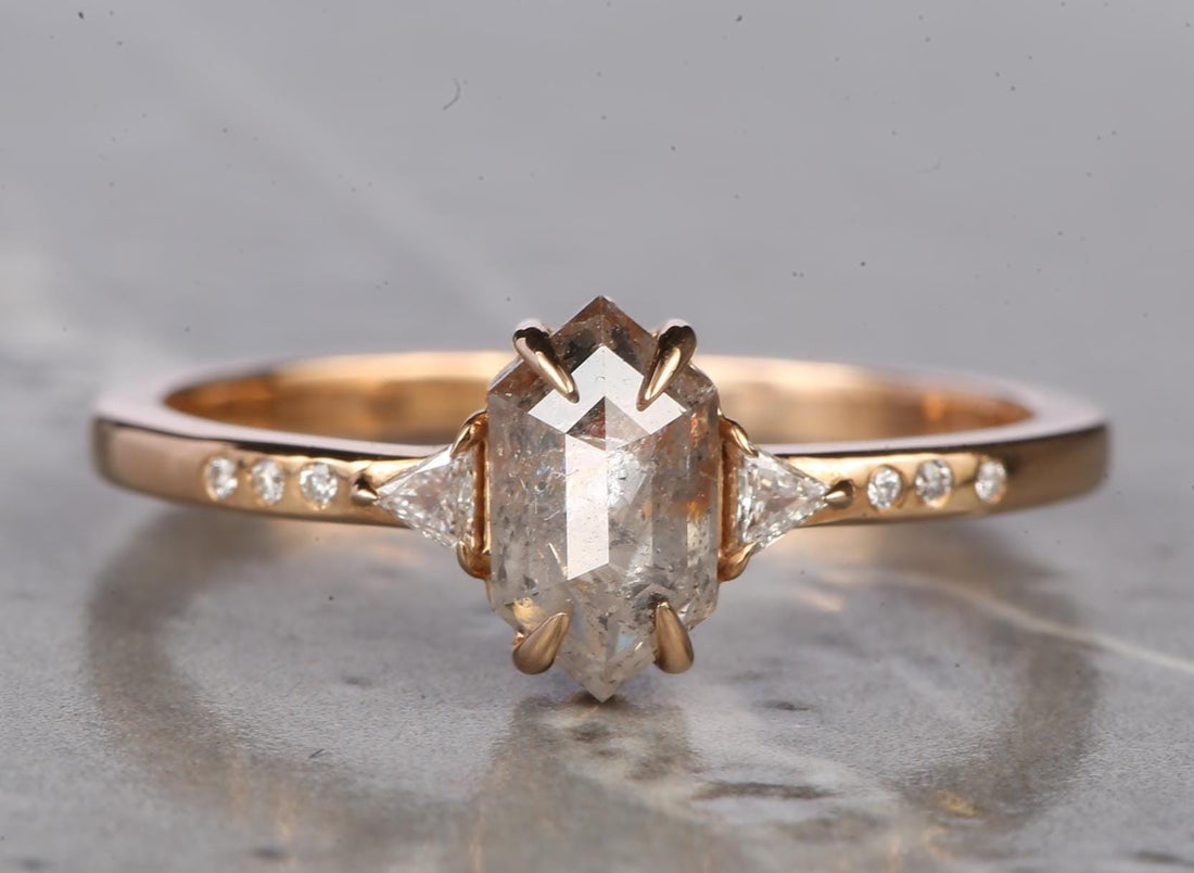 14K Rose Gold Grey Salt and Pepper Natural Hexagon Cut Diamond Wedding Ring