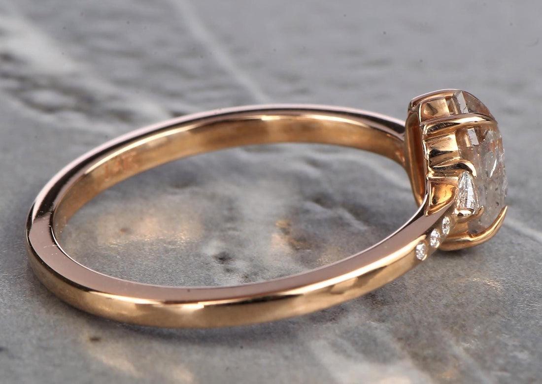 14K Rose Gold Grey Salt and Pepper Natural Hexagon Cut Diamond Wedding Ring