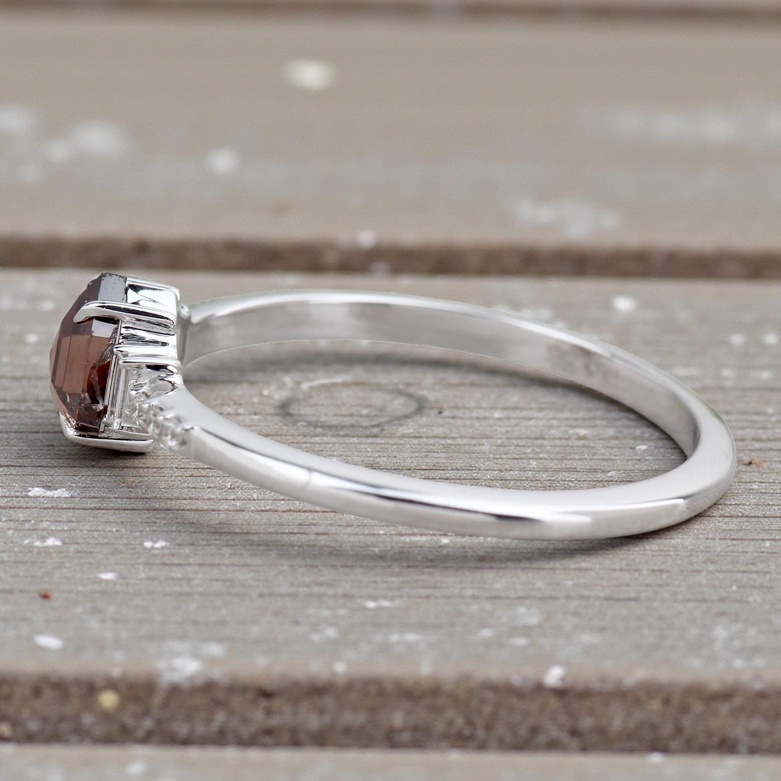 14K White Gold Hexagon Cut Brown Salt and Pepper Natural Diamond Promise Ring