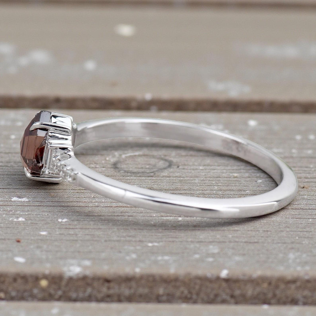 14K White Gold Hexagon Cut Brown Salt and Pepper Natural Diamond Promise Ring