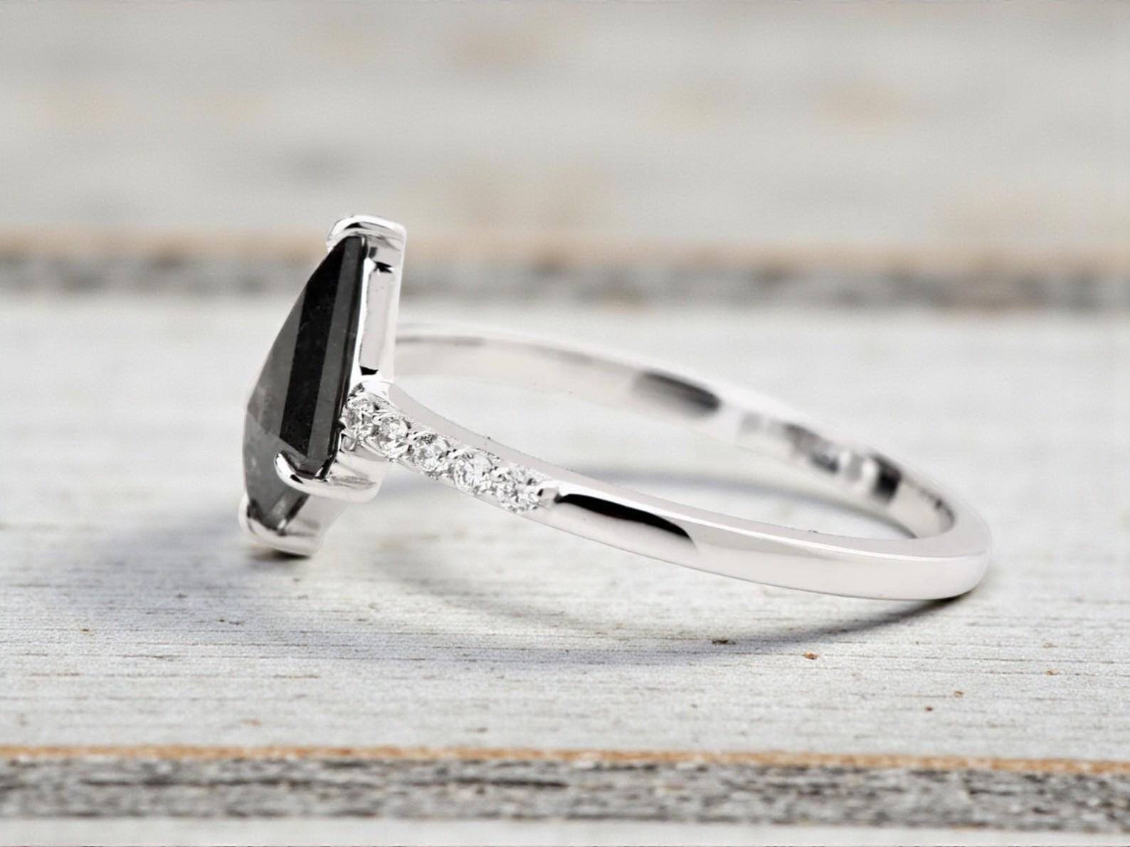 14K White Gold Grey Kite Cut Salt and Pepper Natural Diamond Anniversary Ring