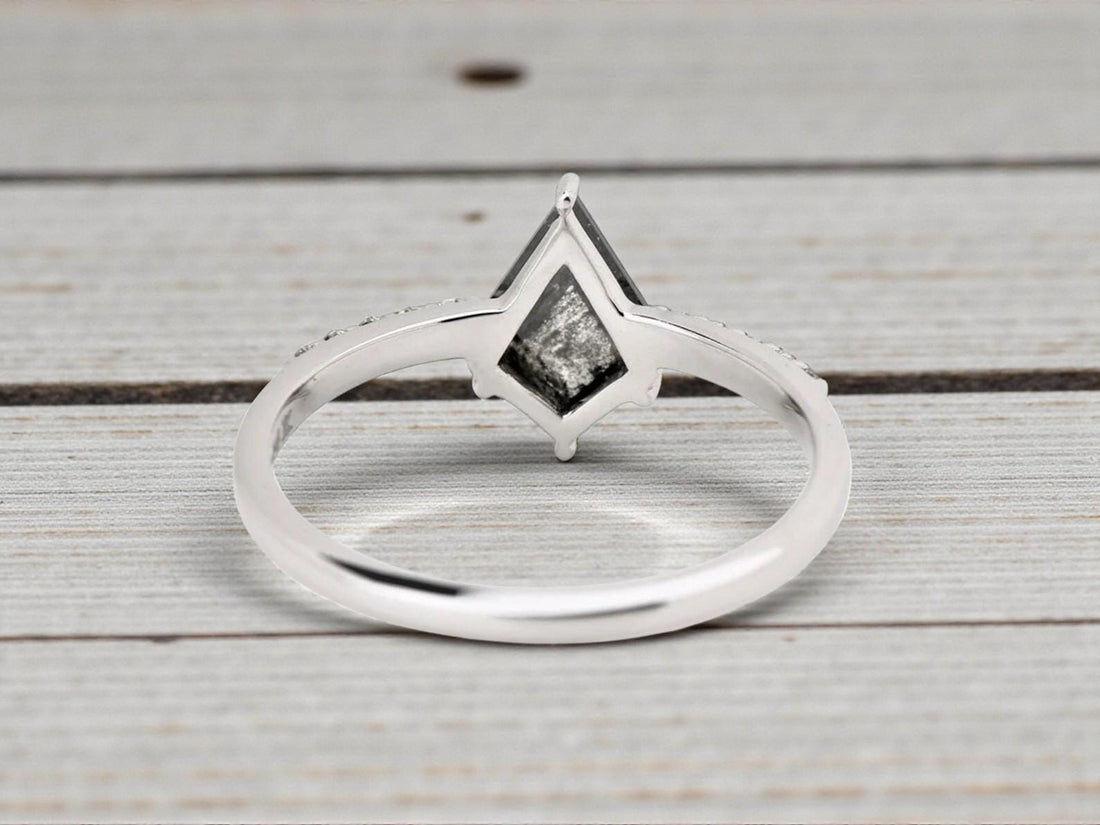 14K White Gold Grey Kite Cut Salt and Pepper Natural Diamond Anniversary Ring