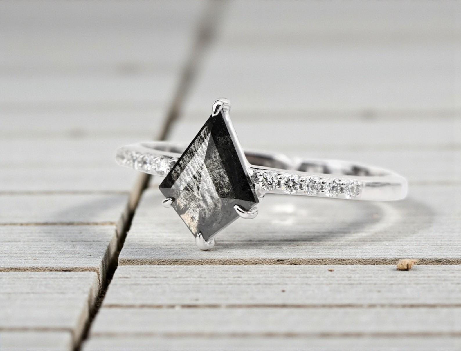 14K White Gold Grey Kite Cut Salt and Pepper Natural Diamond Anniversary Ring