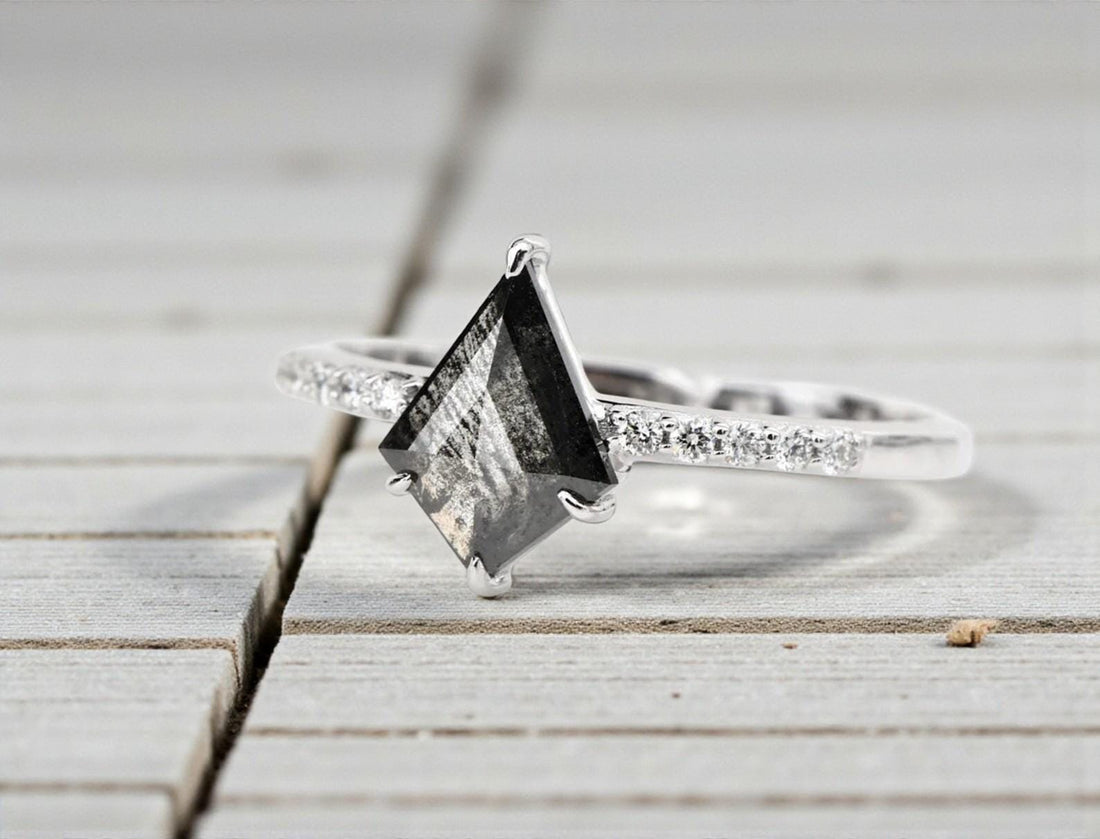 14K White Gold Grey Kite Cut Salt and Pepper Natural Diamond Anniversary Ring