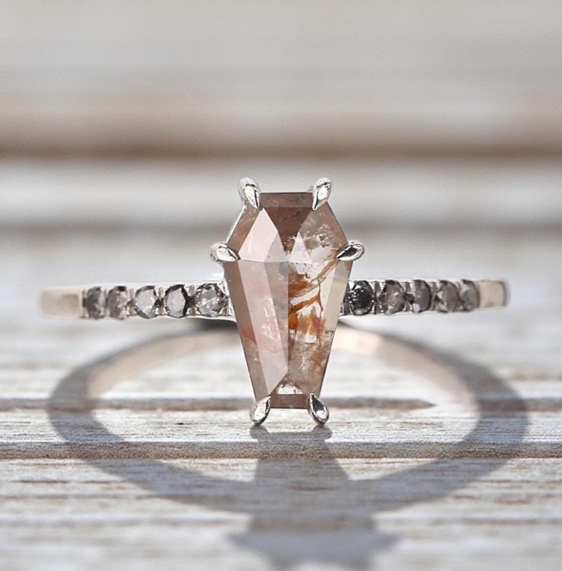 14K Yellow Gold Coffin Cut Grey Salt and Pepper Natural Diamond Engagement Ring